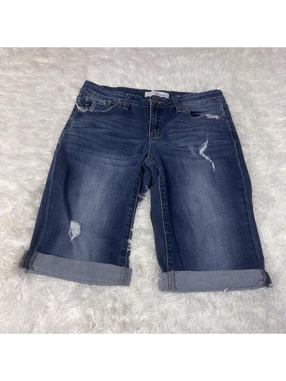 Kancan Distressed Cuffed Bermuda Shorts Size 7 / 27 Blue Stretch